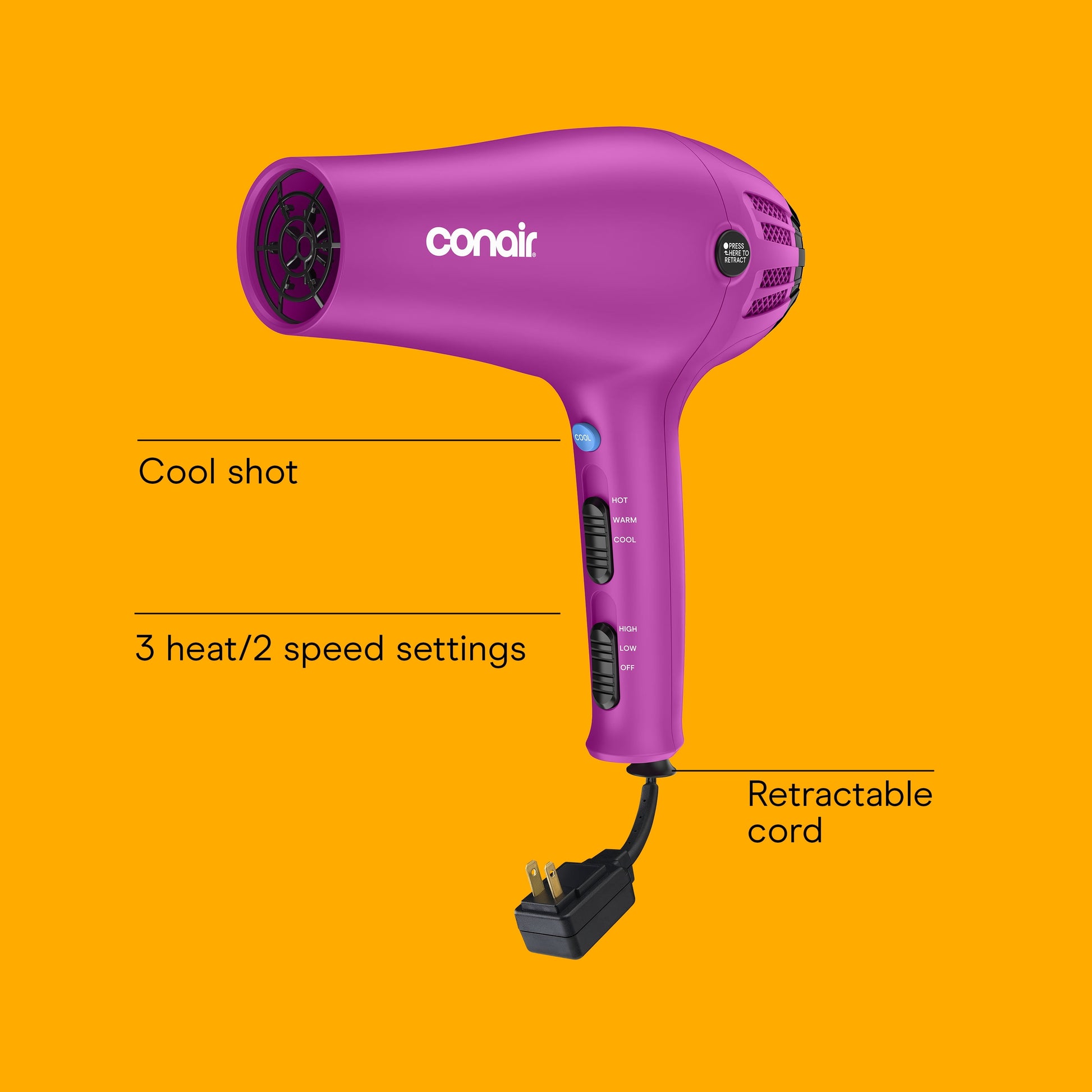 Ceramic Cord-Keeper Hair Dryer, Retractable Cord, Diffuser and Concentrator - Image 2